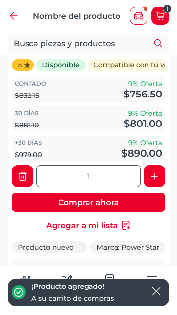 Detalle de autoparte con disponibilidad, precios y acciones de compra
