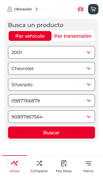 Pantalla de inicio con búsqueda por vehículo y categorías de autopartes