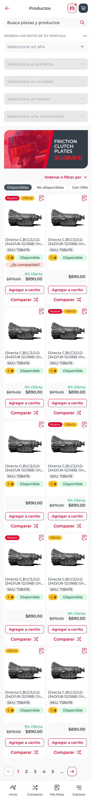 Catálogo móvil de autopartes con opciones de disponibilidad y filtros