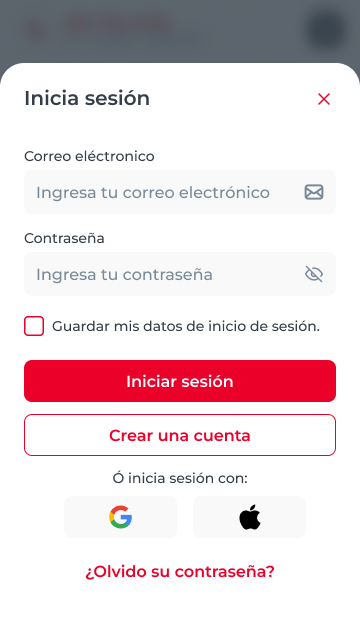 Formulario de inicio de sesión de PowerMx con correo, contraseña y opciones de Google y Apple